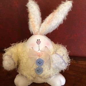 Ceramic bunny, fuzzy outfit/ Blue buttons